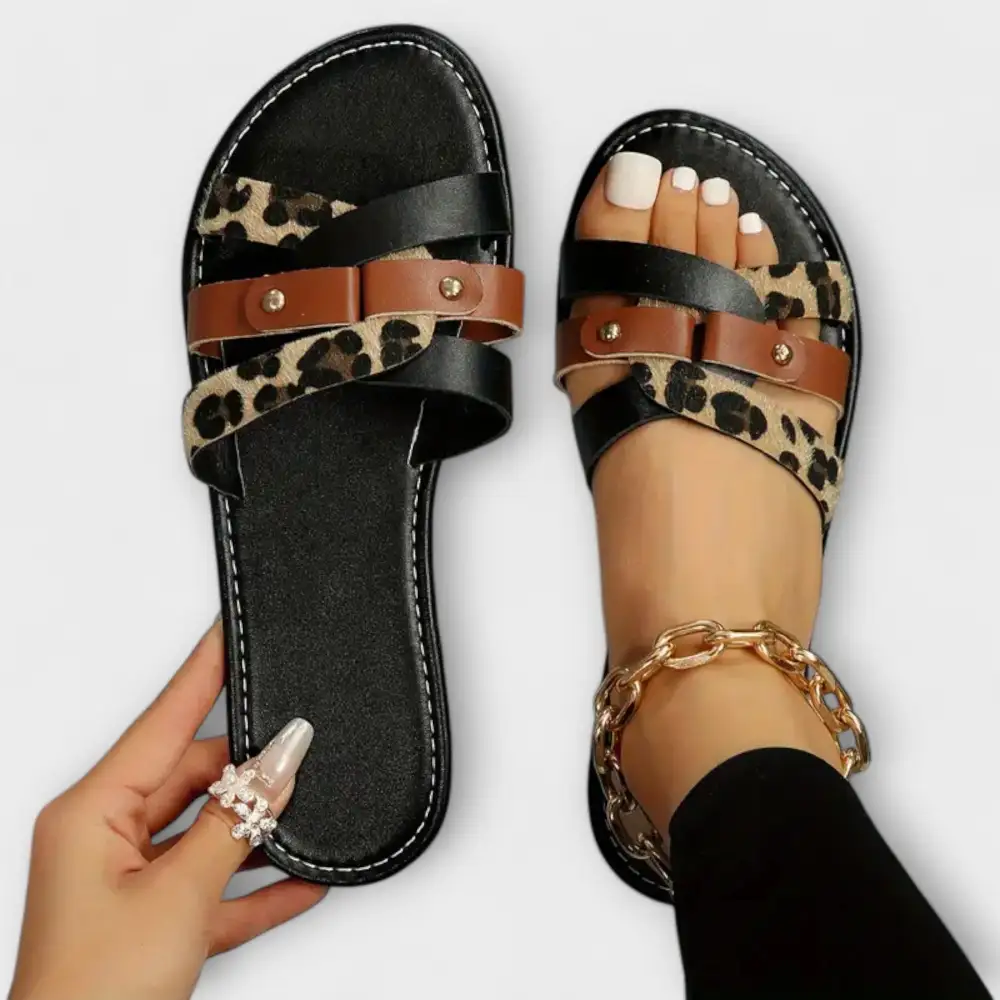 Leather Cross Strap Leopard Print Flat Sandals