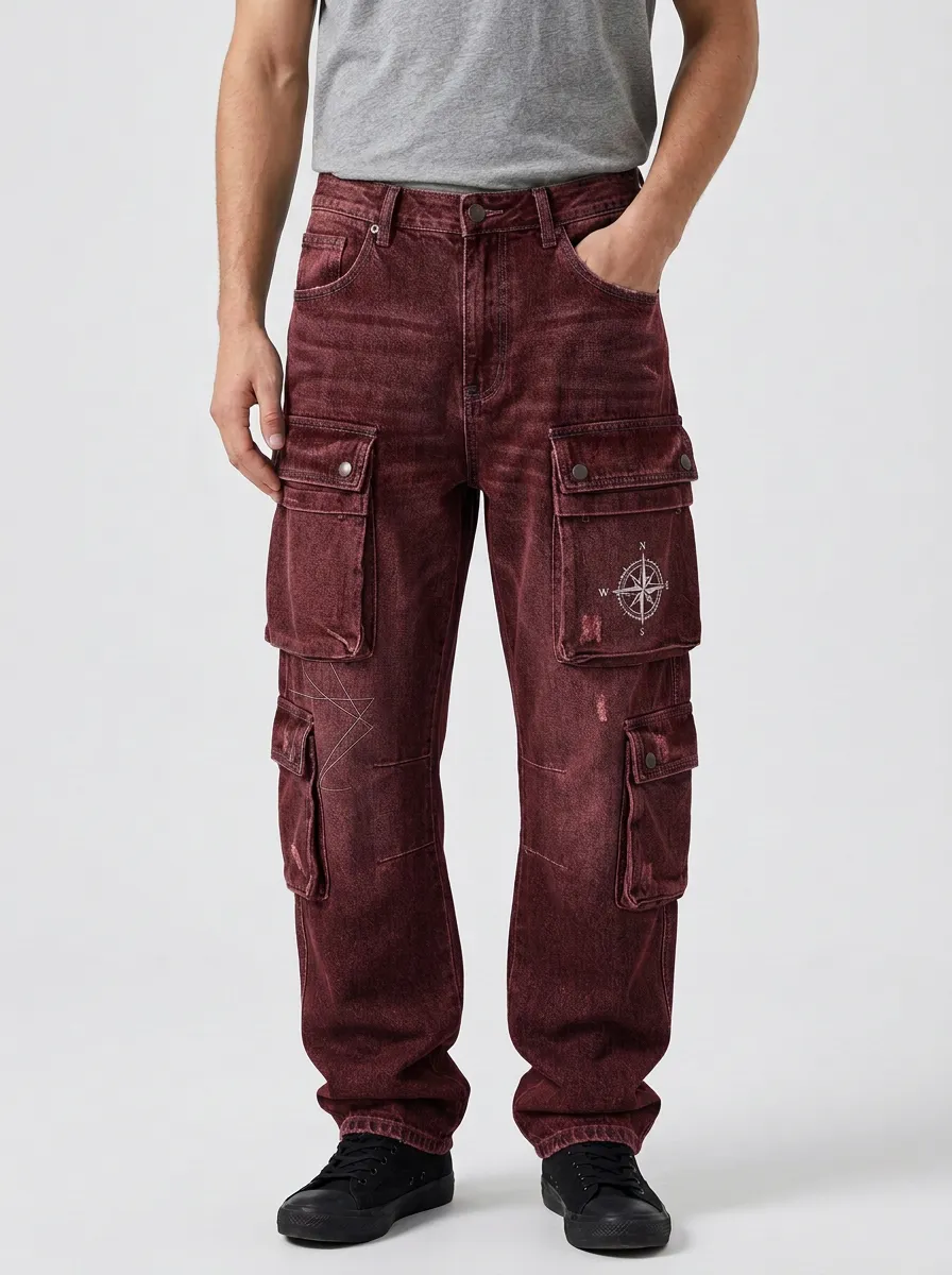 Men's Compass Graphic Distressed Denim Cargo Jeans
