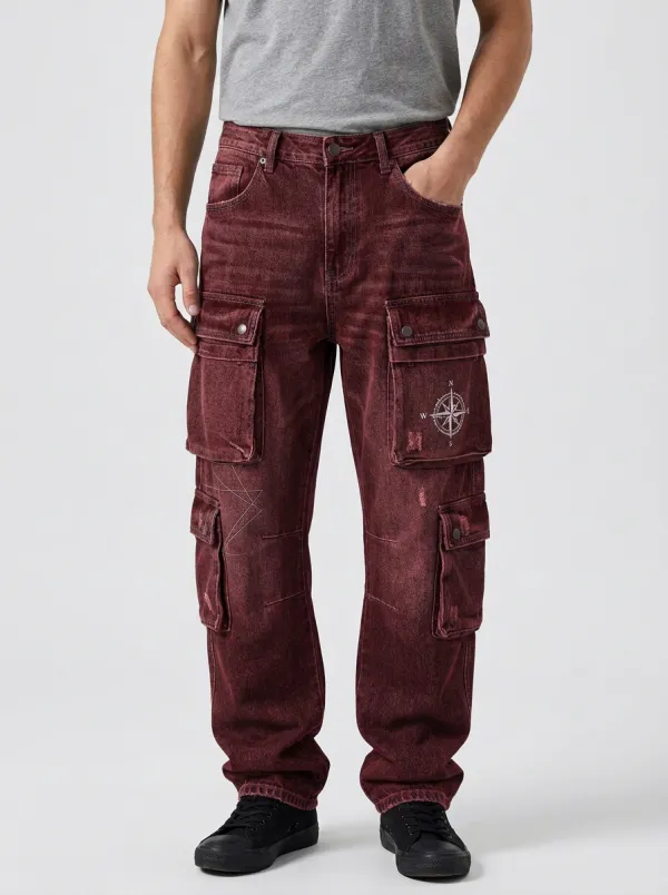 Men's Compass Graphic Distressed Denim Cargo Jeans