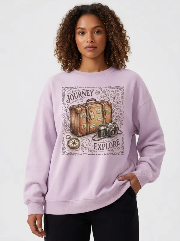 Women's Travel Journey Explore Suitcase Camera Graphic Sweatshirt