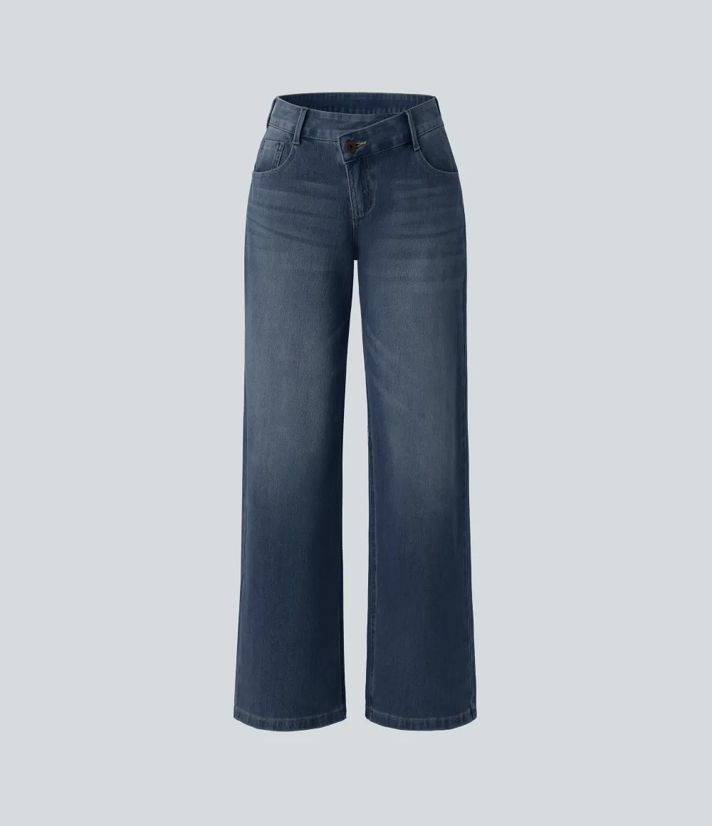Asymmetric Low Rise Zipper Pockets Baggy Wide Leg Washed Casual Jeans