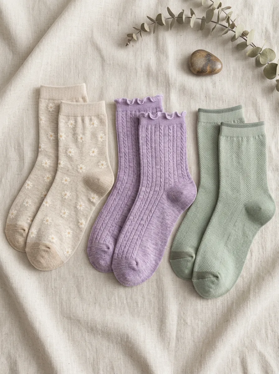 Women's Floral Daisy Ruffle Cable Knit Printed Socks Set