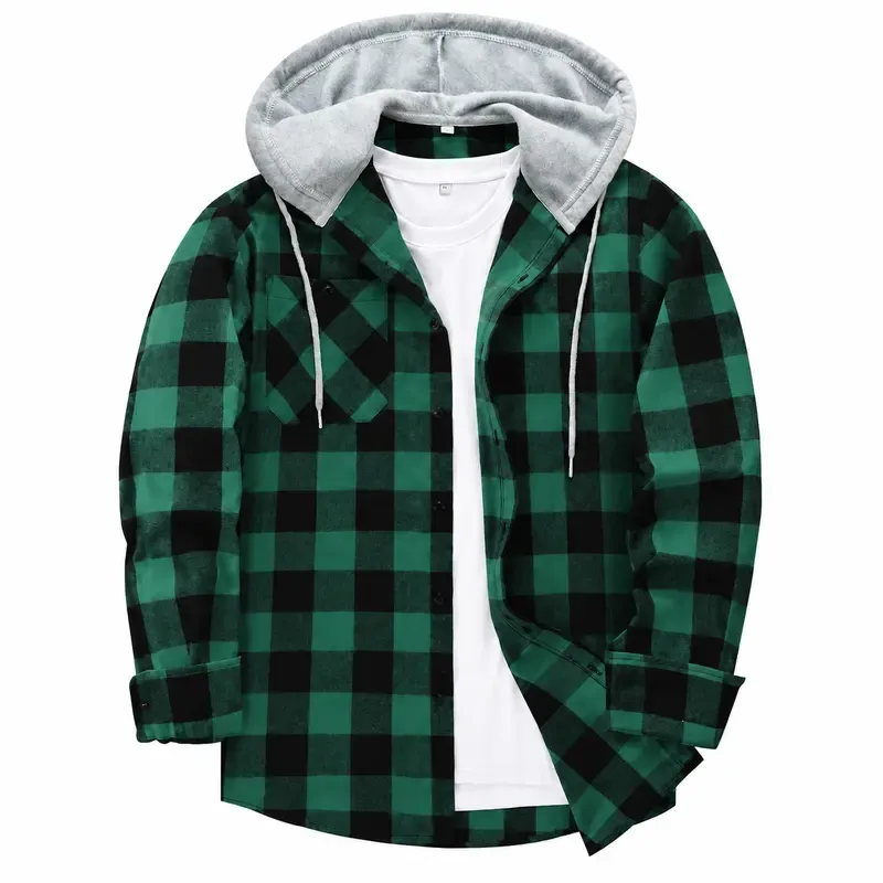 Men's Plus-Size Plaid Flannel Hooded Long-Sleeve Shirt Jacket