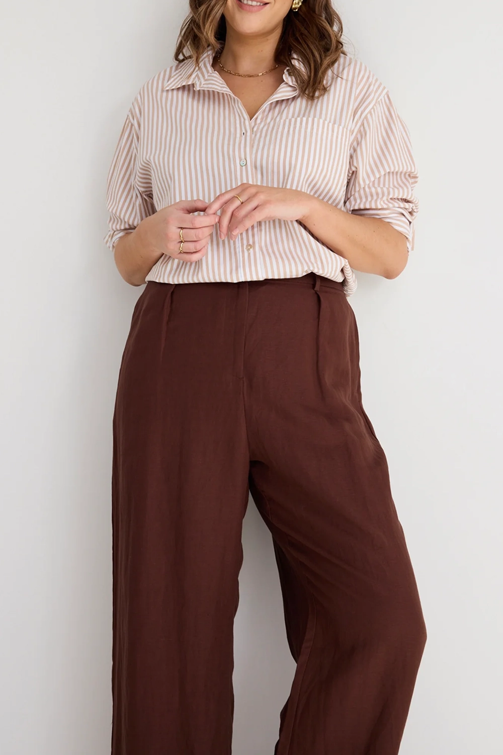 Brown Button - Front Wide - Leg Trousers