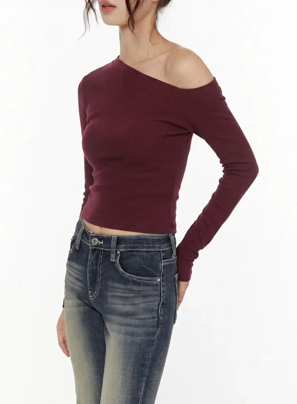Asymmetric Off-The-Shoulder Crop Long Sleeve