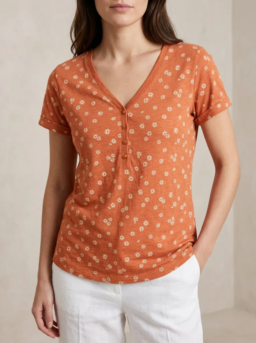 Women's Floral Pattern Rust Printed Button V-Neck T-Shirt