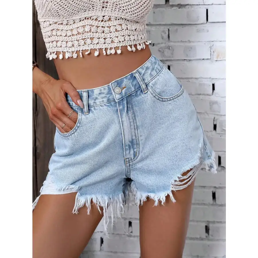 Easygoing Buttoned Raw Hem Pocketed Denim Shorts