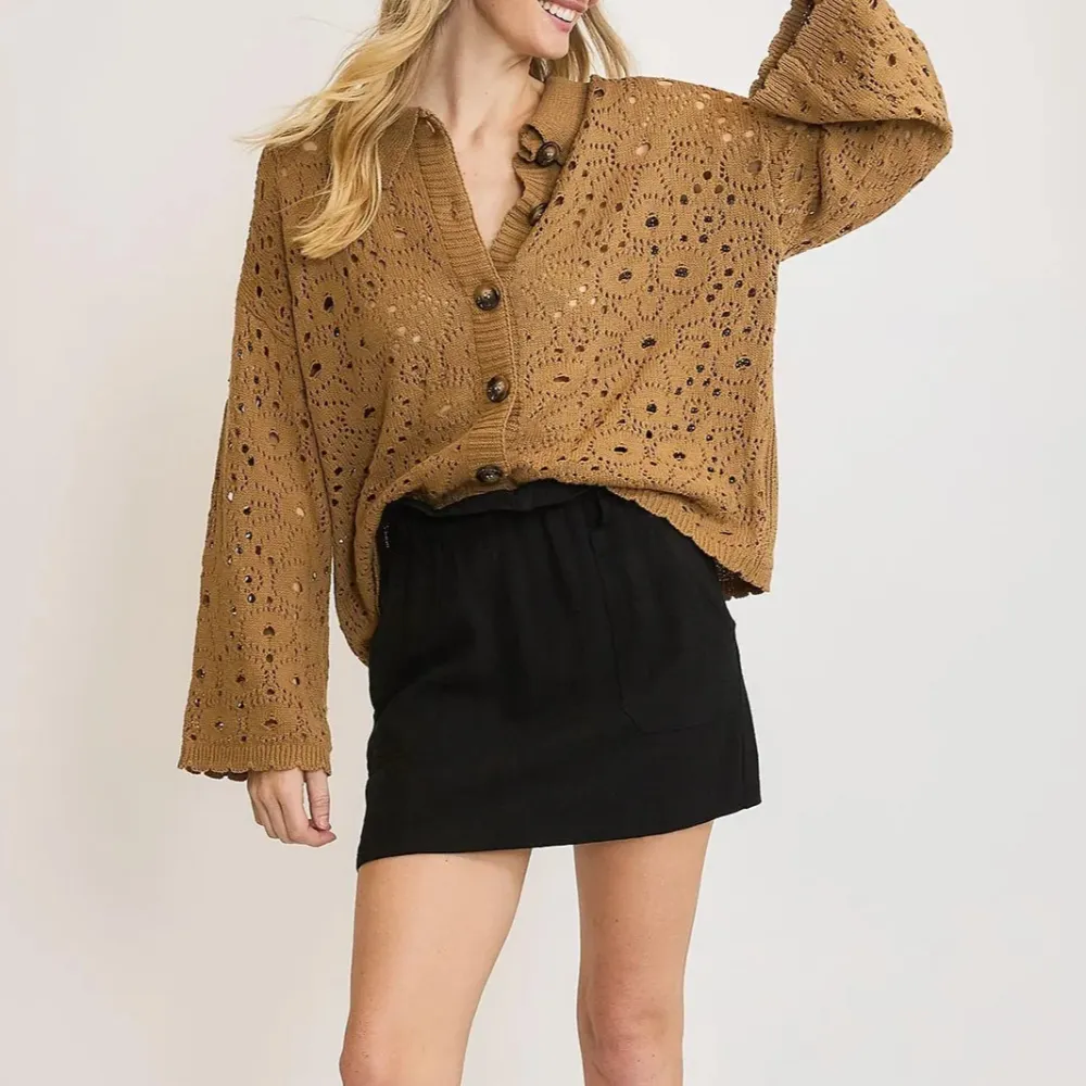 Button Front Button Down Textured Cropped Knit Cardigan