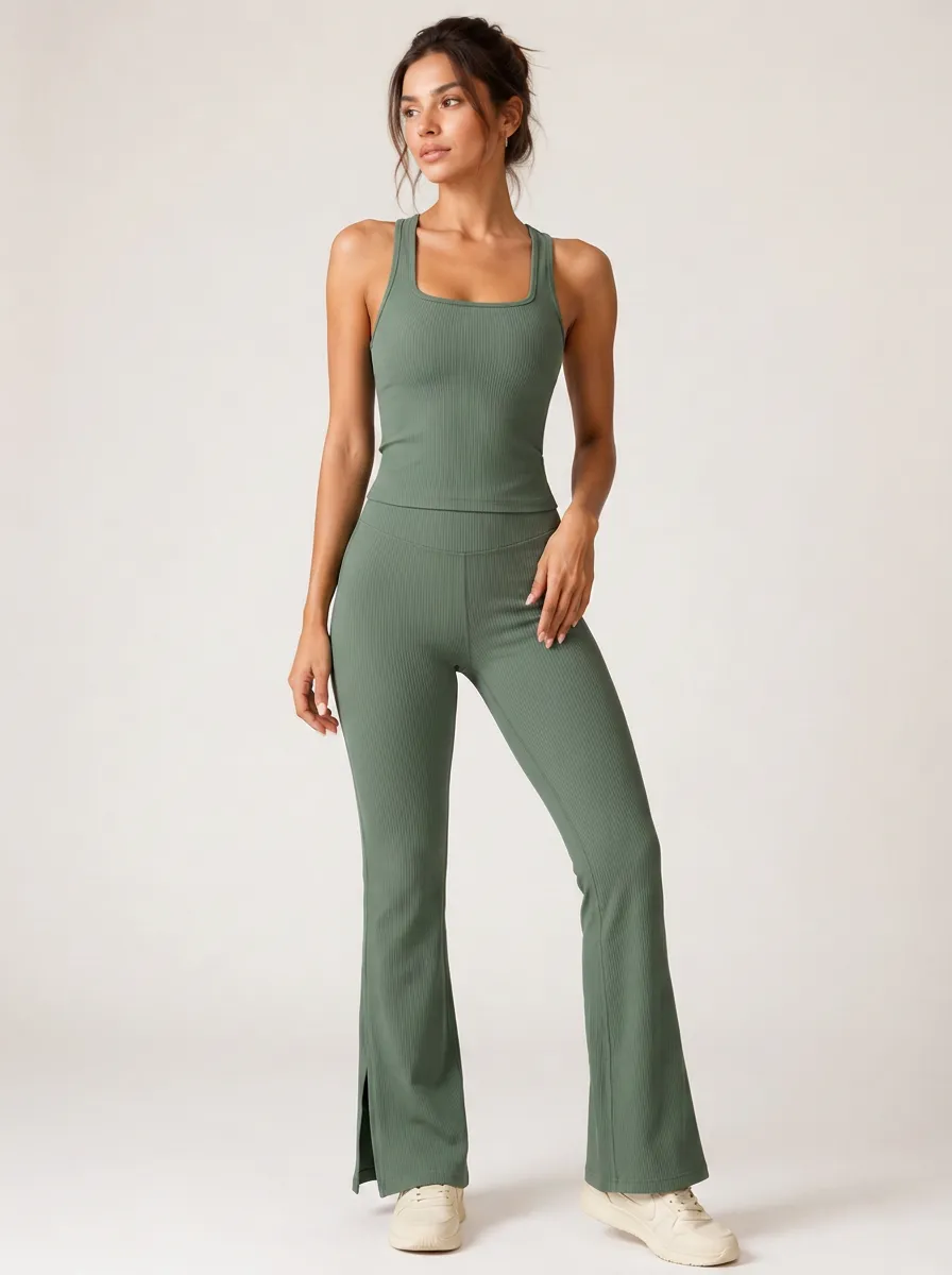 Women's Sage Green Ribbed Racerback Tank Flare Leggings Set