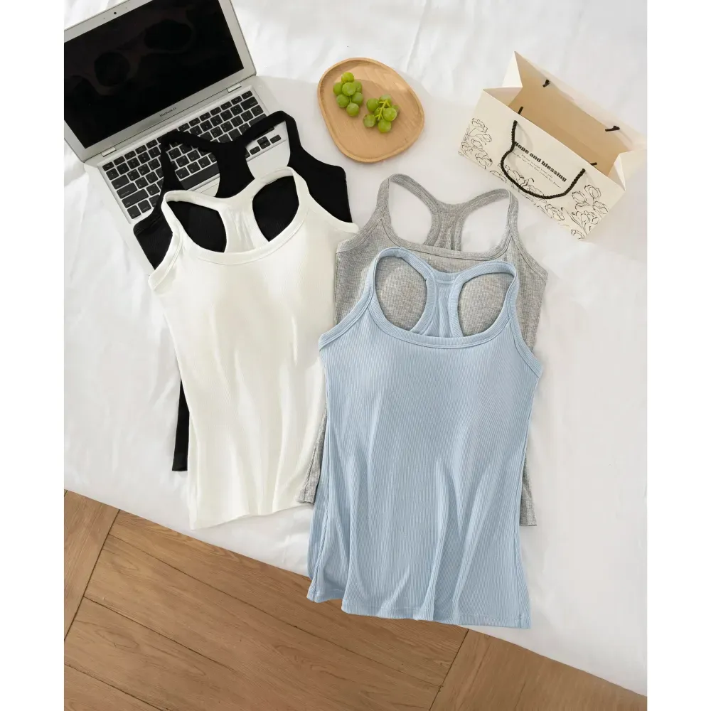 Women's Ribbed Built-in Bra Tank Top | Racerback Cropped Camisole with Removable Pads | Wireless Supportive Workout Yoga Top