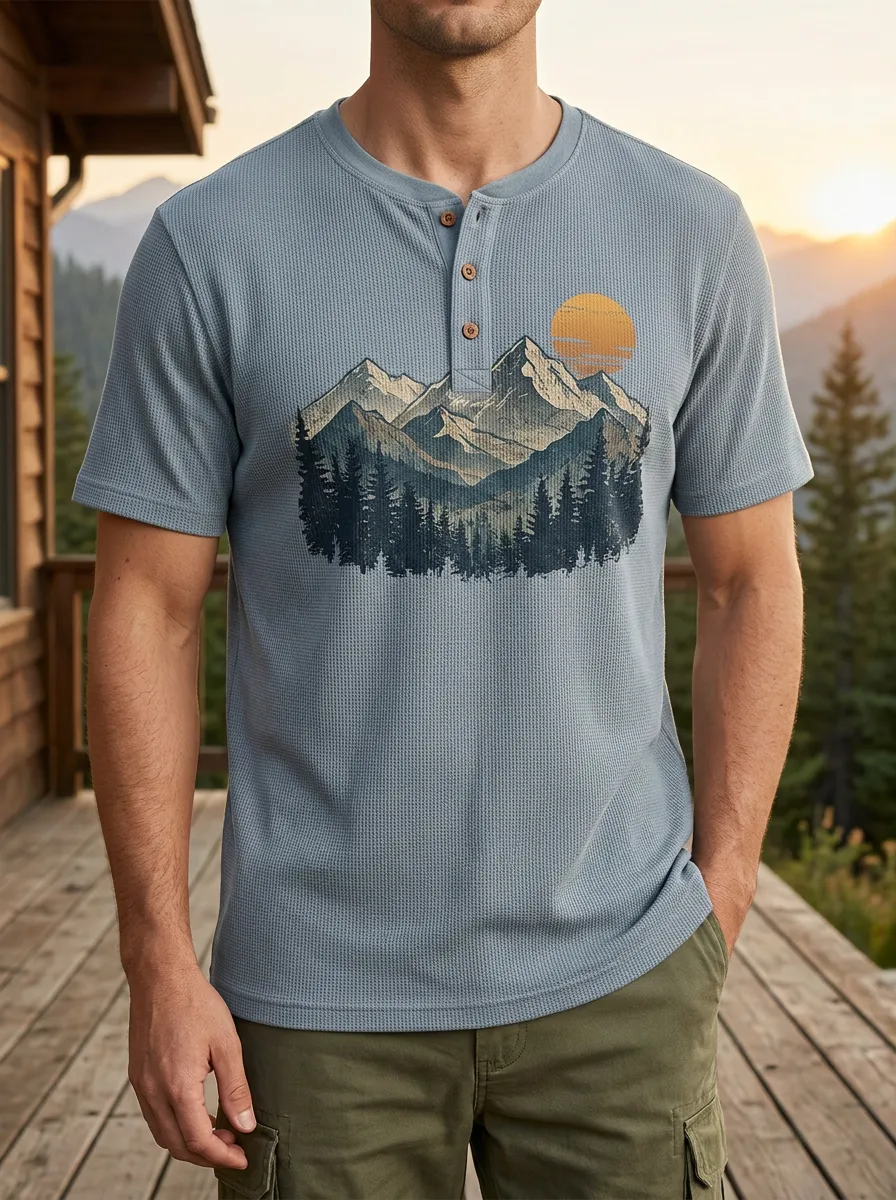 Men's Minimal Nature Lover Mountain Forest Sunset Henley T-Shirt